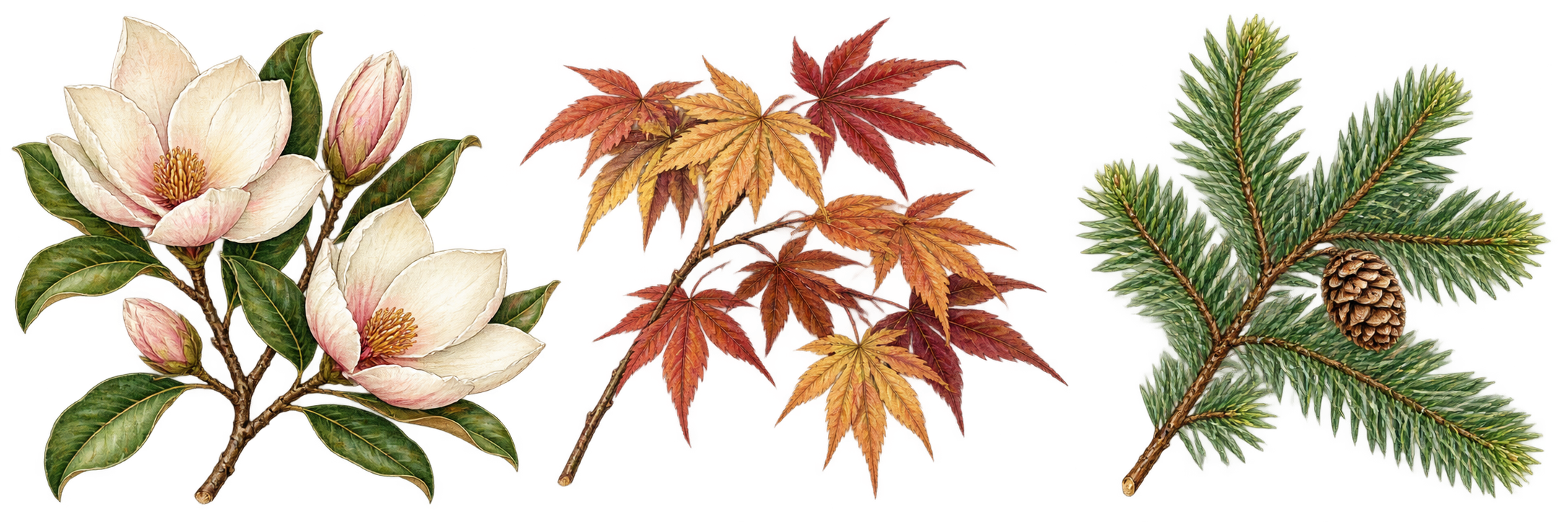 Illustrated magnolia flowers, maple leaves and a conifer branch
